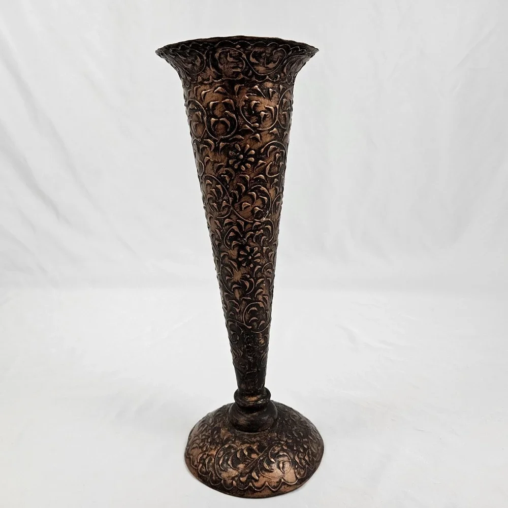 Embossed Copper Trumpet Pedestal Vase Arts & Crafts Boho Whimsical